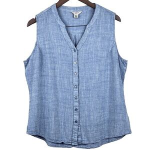 Weatherproof Vintage light Blue Linen Blend Sleeveless V-Neck Button Down Top L